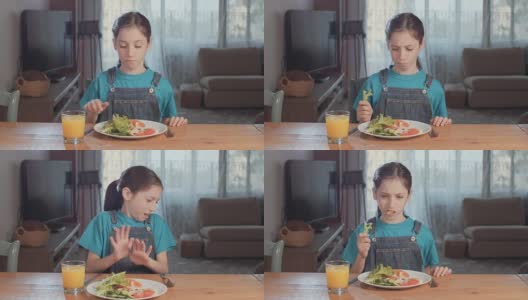 儿童营养-女孩拒绝吃健康食品高清在线视频素材下载