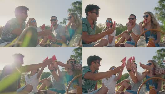 微笑的朋友在野餐时吃西瓜高清在线视频素材下载