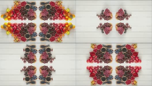 万花筒图案由五彩水果精选而成。好玩的平面健康食品概念。高清在线视频素材下载