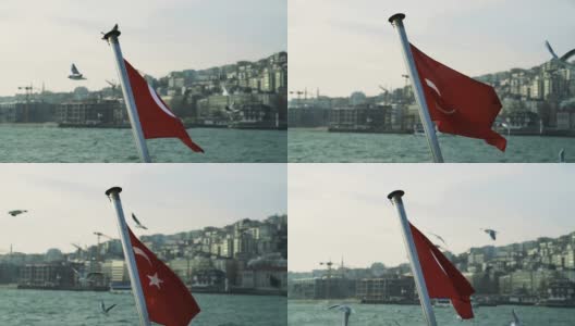 伊斯坦布尔船上的土耳其国旗高清在线视频素材下载