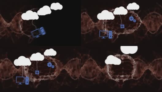 动画白云与悬挂蓝色媒体图标的大脑在黑色的背景高清在线视频素材下载