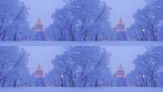 公园的灯笼亮了，艾萨基夫斯基的冬日全景高清在线视频素材下载