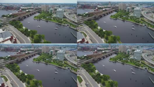 一架无人机击中了查尔斯河和马萨诸塞州波士顿高清在线视频素材下载