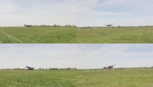 轻型单引擎飞机从绿色的田野起飞升入天空高清在线视频素材下载