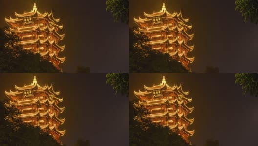 夜景时间照亮武汉著名的黄鹤寺全景，4k时间流逝中国高清在线视频素材下载