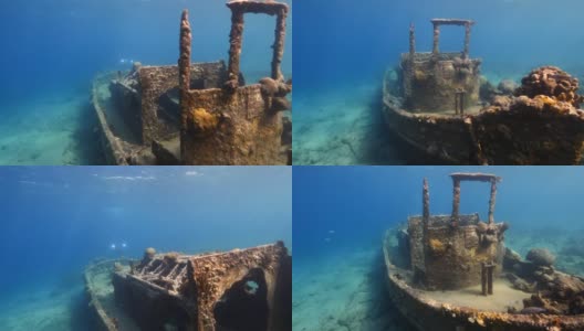 船失事'拖船'在加勒比海珊瑚礁附近库拉索岛高清在线视频素材下载