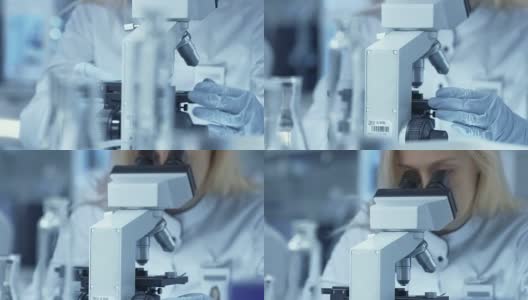 医学研究科学家在显微镜下观察与样本滑动。她是一个专业。高清在线视频素材下载