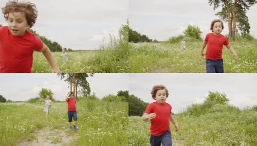 暑假里，男孩和女孩在花草地上玩草。高清在线视频素材下载