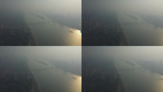 日落雾长沙市中心河流航拍全景4k中国高清在线视频素材下载