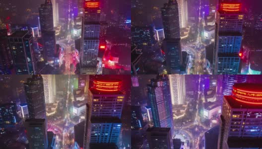 飞越南京市市中心夜光交通街道空中延时全景4k中国高清在线视频素材下载