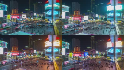 长沙市市中心夜间时间照明著名的交通拥挤十字路口屋顶全景时间间隔4k中国高清在线视频素材下载