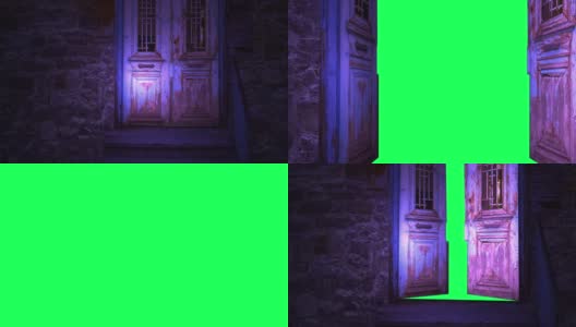 电脑生成的动画，一个旧木门打开绿色屏风。高清在线视频素材下载