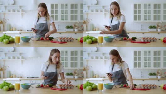 为有机沙拉准备蔬菜的女性可以看看智能手机高清在线视频素材下载