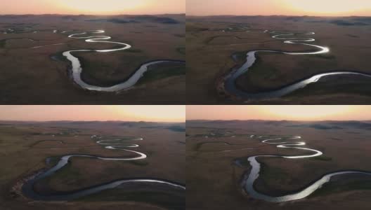 穆里格莱河在呼伦贝尔草原上蜿蜒流淌高清在线视频素材下载