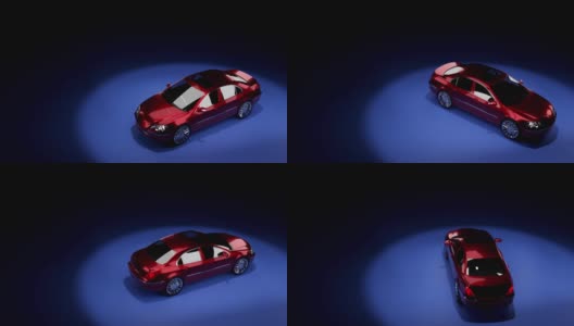 3d渲染红色汽车在黑暗的一面在蓝色的背景高清在线视频素材下载