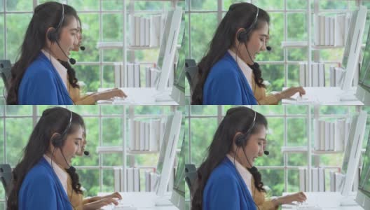 亚洲妇女呼叫中心视频通话，支持客户在线电话营销。高清在线视频素材下载
