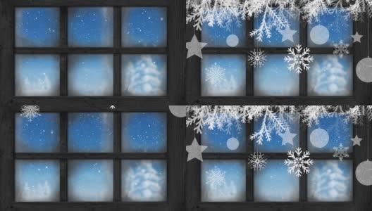 雪花飘落的动画和圣诞装饰与冬日景色透过窗户看到高清在线视频素材下载