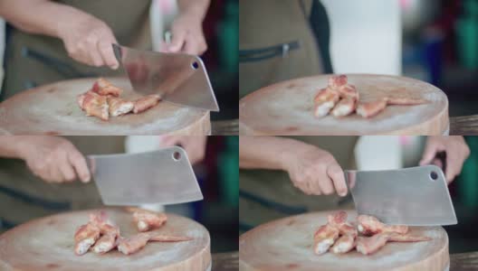 厨师正在切菜板上切烤鸡——泰国街头小吃高清在线视频素材下载