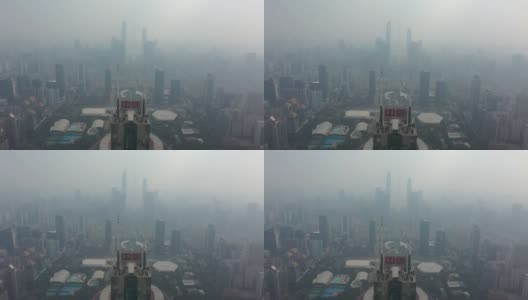 白天时间雾霾广州市市中心体育场区航拍全景4k中国高清在线视频素材下载