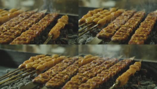 烹饪传统的土耳其烤肉串和烤鸡高清在线视频素材下载