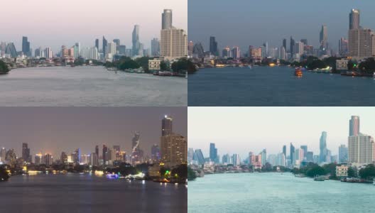 从白天到夜晚延时长曝光曼谷的城市景观和水上交通，带有城市景观概念的交通高清在线视频素材下载