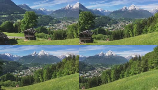 春天，德国巴伐利亚州的贝希特斯加登镇和瓦茨曼山的田园诗般的高山风景高清在线视频素材下载