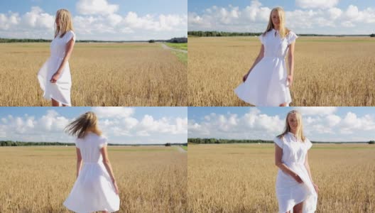 微笑的年轻女子在白色的裙子在谷物地里高清在线视频素材下载