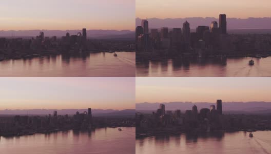 鸟瞰图渡轮和西雅图天际线在日出。高清在线视频素材下载