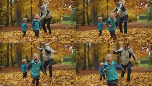 童年时光:少年朝小女孩扔秋叶高清在线视频素材下载
