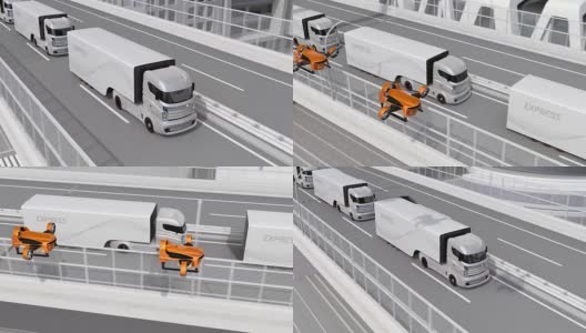 自动电动卡车和垂直起降无人机在高速公路上列队行驶高清在线视频素材下载