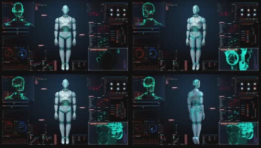 在数字界面中旋转透明3D机器人身体。显示。高清在线视频素材下载