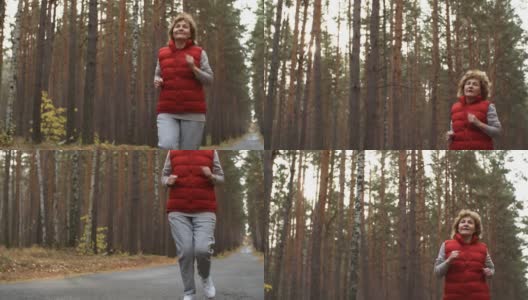 在树林里跑步的老年运动妇女高清在线视频素材下载