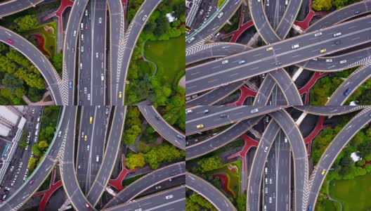 公路交汇处鸟瞰图，形状为字母x交叉。桥梁，道路，或街道与树木的交通概念。中国上海市区建筑的结构形态。高清在线视频素材下载