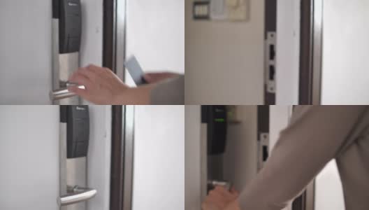 年轻女子用钥匙卡用门禁卡打开安全门高清在线视频素材下载