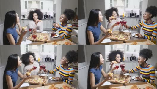 闺蜜们在家里吃披萨聊天高清在线视频素材下载