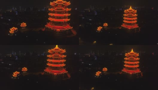 夜光武汉市著名的黄鹤寺公园高空俯视4k倾斜移位中国高清在线视频素材下载