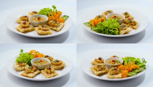 米饼配甜虾和猪肉蘸酱泰国食物高清在线视频素材下载