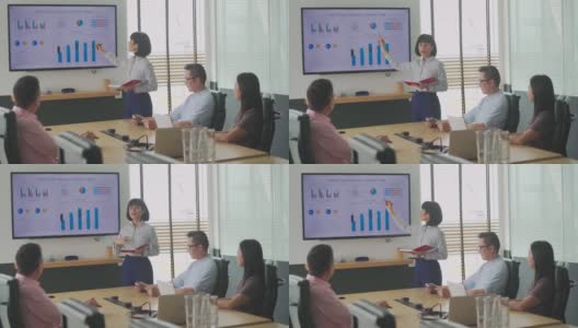 亚洲马来人女人自信地呈现给她的同事在会议室与电视屏幕演示与图表预测高清在线视频素材下载