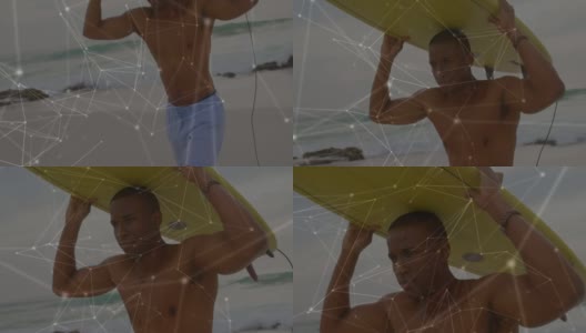 针对在海滩上头顶冲浪板的非裔美国人的网络联系高清在线视频素材下载