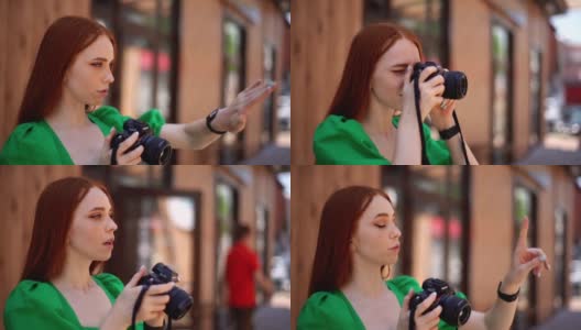 有魅力的女摄影师用专业相机拍摄特写，指导客户摆什么姿势。高清在线视频素材下载