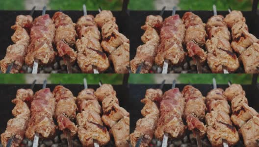 Top view of Hot Barbecue grill shish kebab木炭熟肉。近距离高清在线视频素材下载