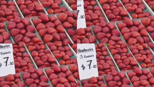 农贸市场上一篮一篮的新鲜有机草莓高清在线视频素材下载