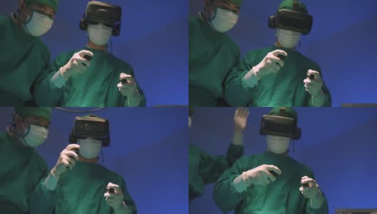 医生戴着虚拟现实眼镜在手术室与病人交谈。高清在线视频素材下载