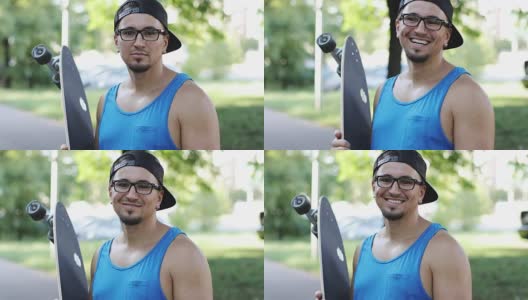一个戴着眼镜在户外玩滑板的年轻人的肖像。高清在线视频素材下载