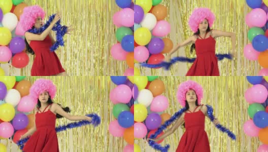 亚洲美丽女人的肖像享受和有趣的舞蹈与孤立的气球背景。快乐舞者，女士夜总会和时尚的概念。4 k决议。高清在线视频素材下载