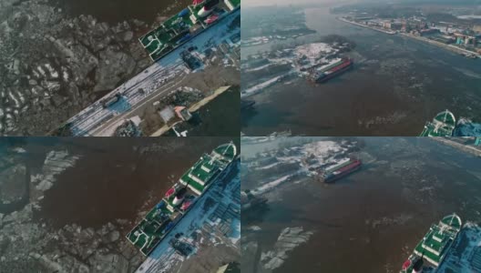 在北港码头旁边的泊位上的科学船的俯视图空中全景视频高清在线视频素材下载