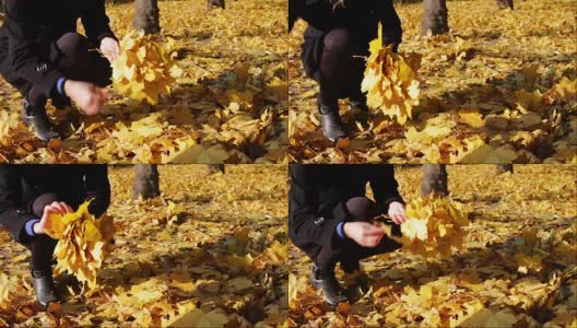 Happy girl in autumn park throws yellow fallen leaves高清在线视频素材下载