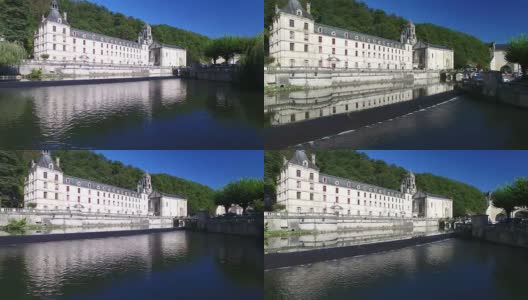 鸟瞰图的本笃会修道院的布兰托姆和河流，法国高清在线视频素材下载