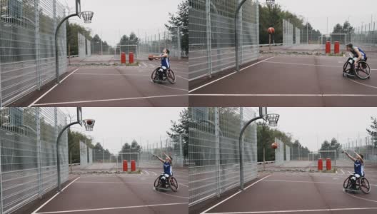 青少年在轮椅投篮罚球在篮球-残疾运动和娱乐高清在线视频素材下载