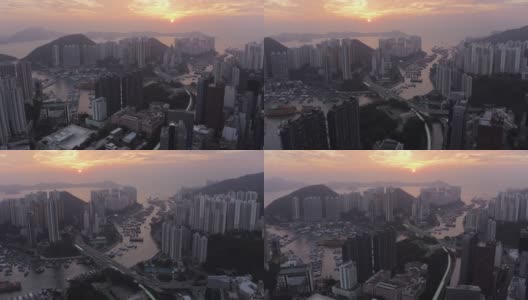 香港航拍v32日落时飞越黄竹坑市区。高清在线视频素材下载